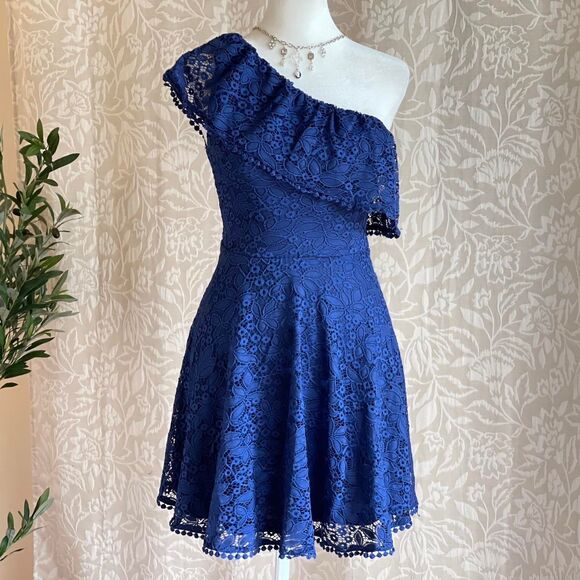 Francesca's Blue One Shoulder Lace Ruffle A-Line Dress Romantic Boho Size XS - Picture 1 of 8